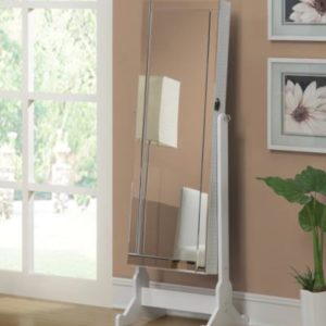 Quilted White Jewelry Cheval Mirror with Interior Storage