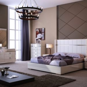 Paris Modern Queen Size Bed, Dresser, Mirror, Chest, and Nightstand
