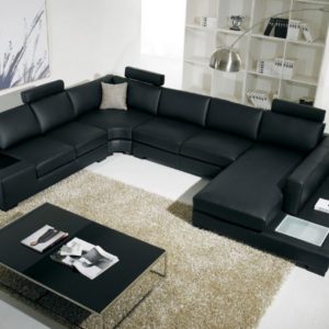 Divani Casa T35 - Modern Black Leather Sectional Sofa with Light