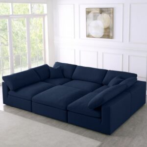 Serene Blue Linen Textured Deluxe Modular Down Filled Cloud-Like Comfort Overstuffed Sectional