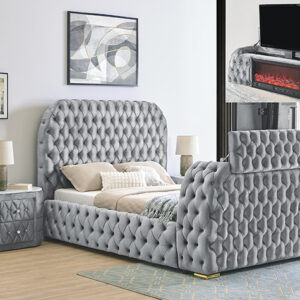 NATALIA GREY QUEEN BED W/FIREPLACE DECOR, BLUETOOTH SPEAKERS, & TV LIFT