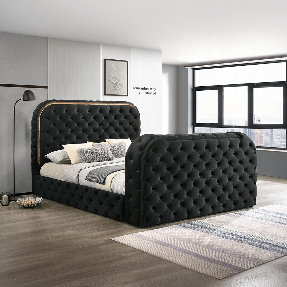 Kana Black Queen Bed w/LED, Fireplace & TV Stand