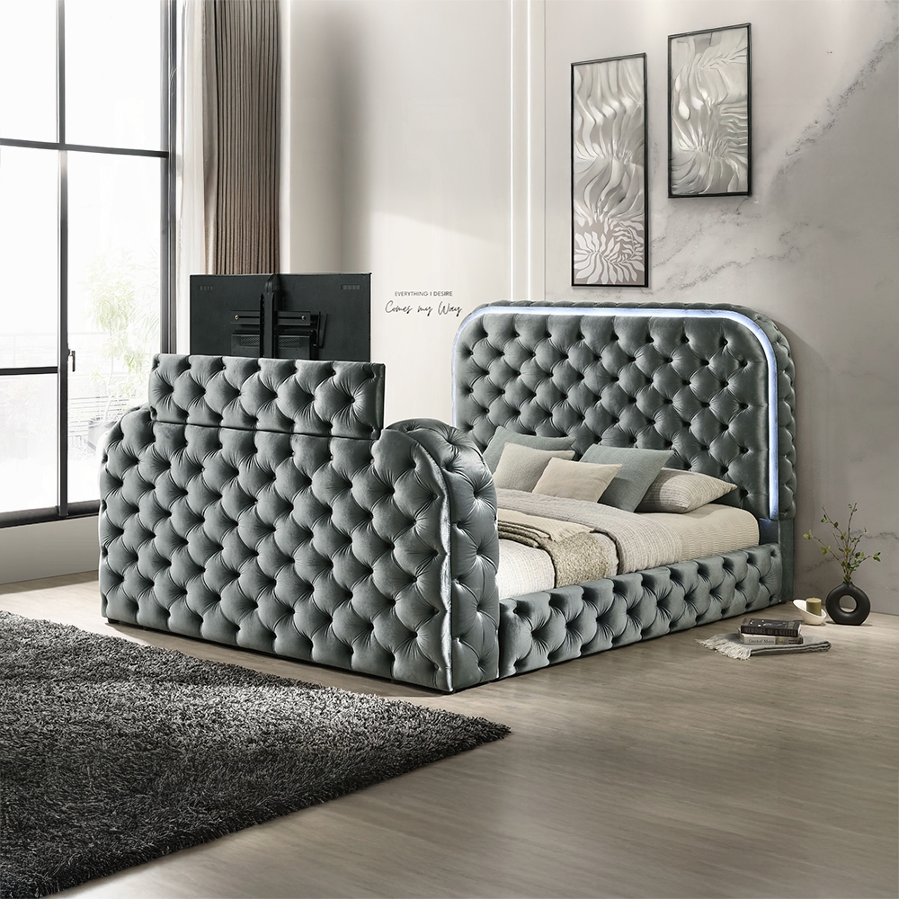 Kana Grey Eastern King Bed w/LED, Fireplace & TV Stand