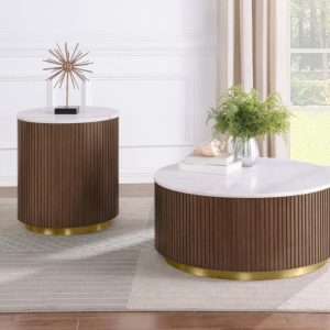 Jason Round Marble Top Brown Coffee Table Set